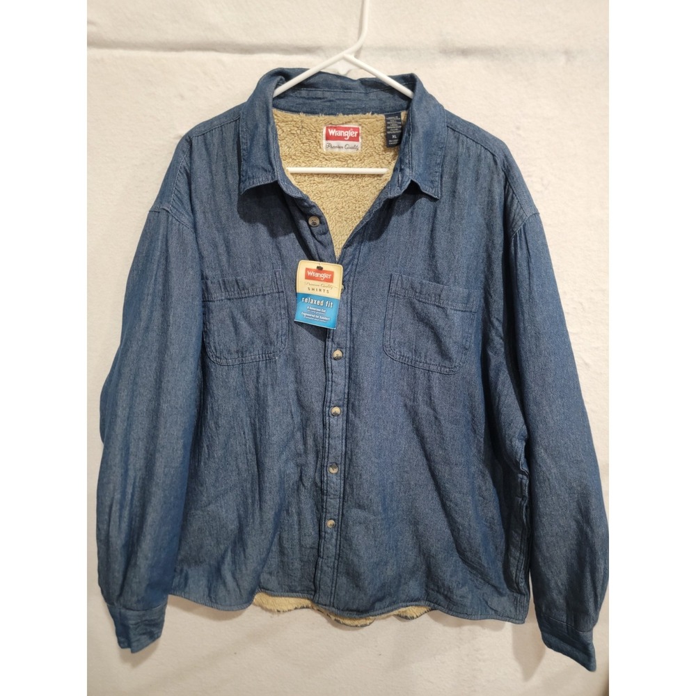 Wrangler Mens XL Denim Shirt Jacket Sherpa Lined Blue Relaxed Fit Shacket NWT